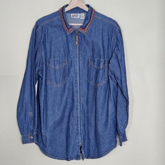 Chico's Design Shirt Womens 2 / L Denim Zip Embellished Embroidery LS Cotton VTG - Picture 15 of 16